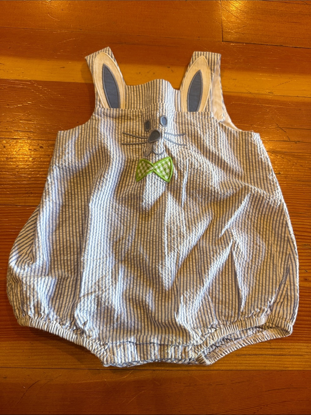 Florence Eiseman Blue Stripe Bunny Bubble Romper with Green Bow